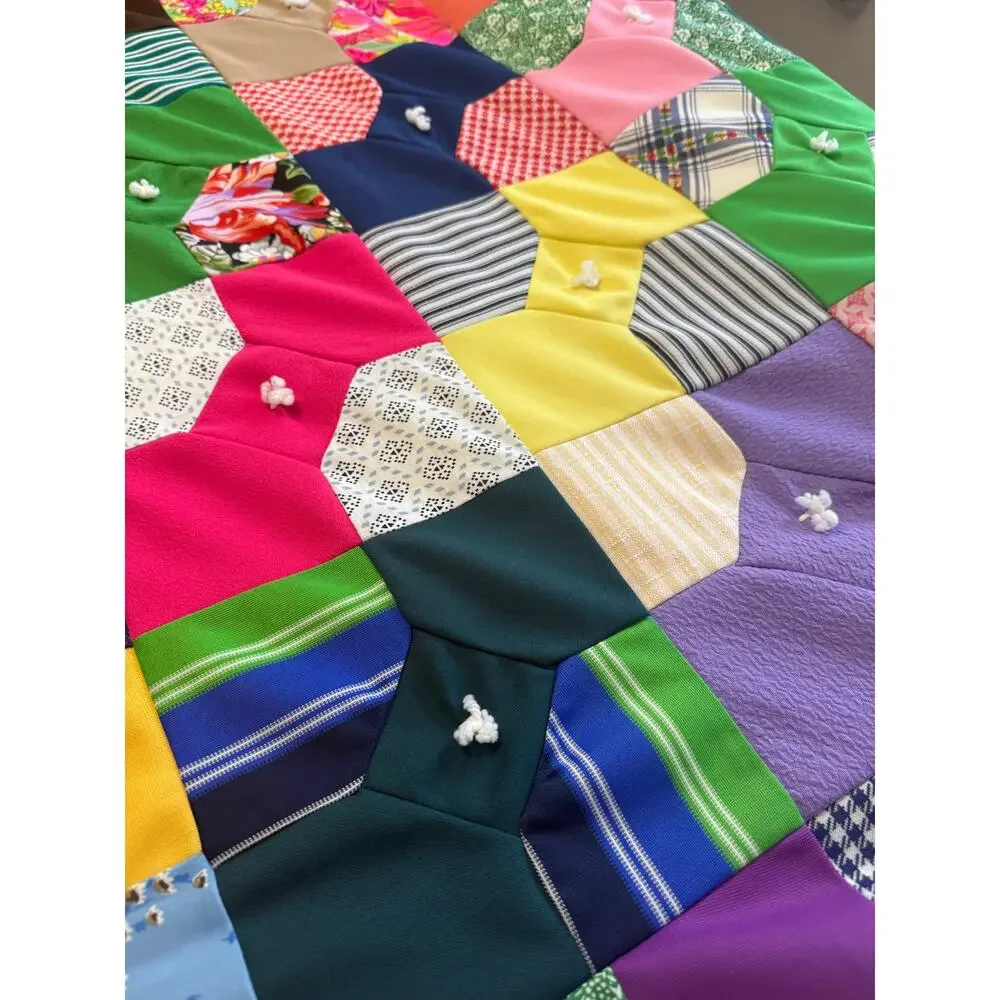 Vintage Handmade Double Knit Polyester Bow Tie Patchwork Tied Quilt Queen